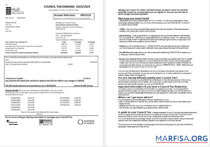Printable United Kingdom Hull City Council business utility bill template in Word and PDF formats, 2 pages